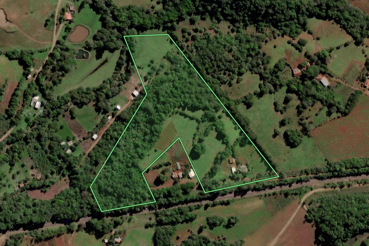 Imagem de satélite do imóvel rural em Entre-Ijuís (RS), com o contorno declarado no CAR desenhado por cima.