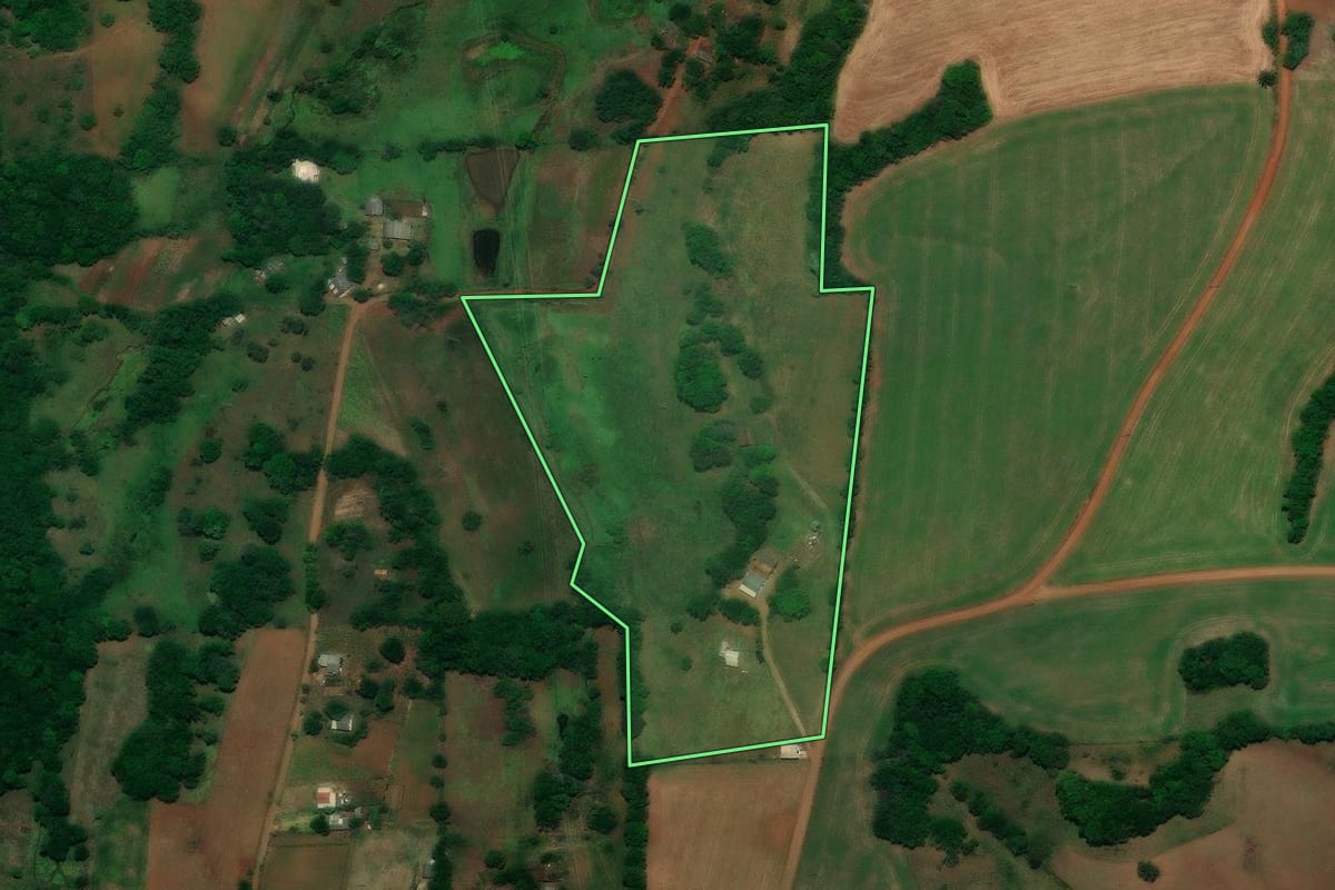 Imagem de satélite do imóvel rural em Entre-Ijuís (RS), com o contorno declarado no CAR desenhado por cima.