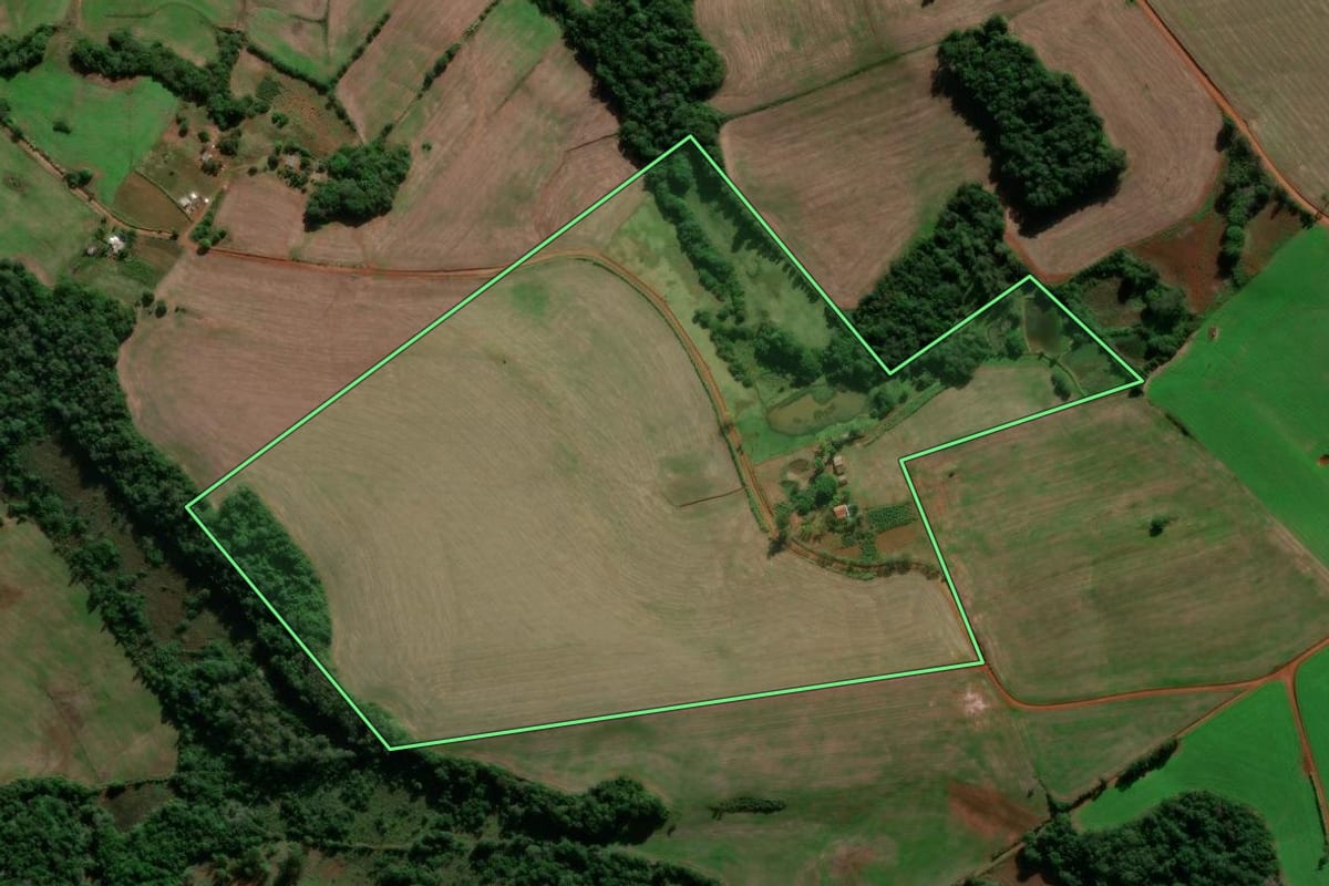 Imagem de satélite do imóvel rural em Entre-Ijuís (RS), com o contorno declarado no CAR desenhado por cima.