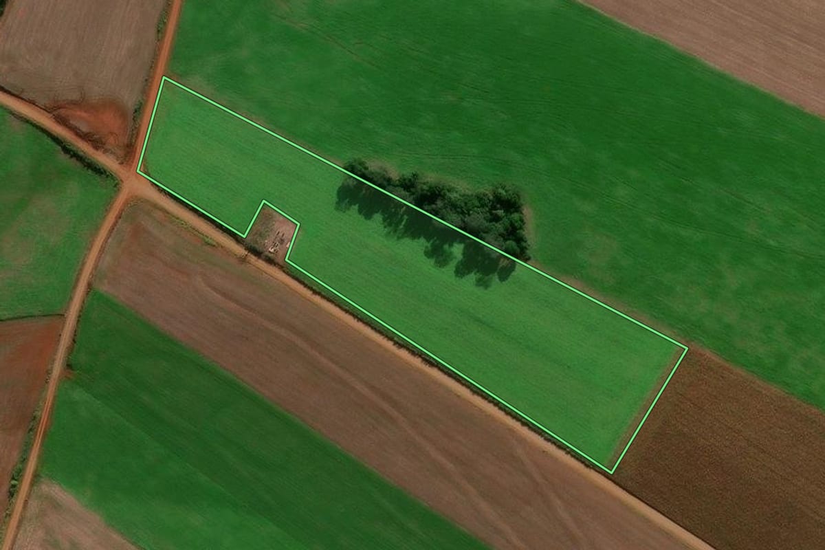 Imagem de satélite do imóvel rural em Entre-Ijuís (RS), com o contorno declarado no CAR desenhado por cima.