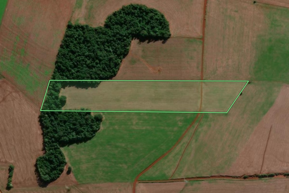 Imagem de satélite do imóvel rural em Entre-Ijuís (RS), com o contorno declarado no CAR desenhado por cima.