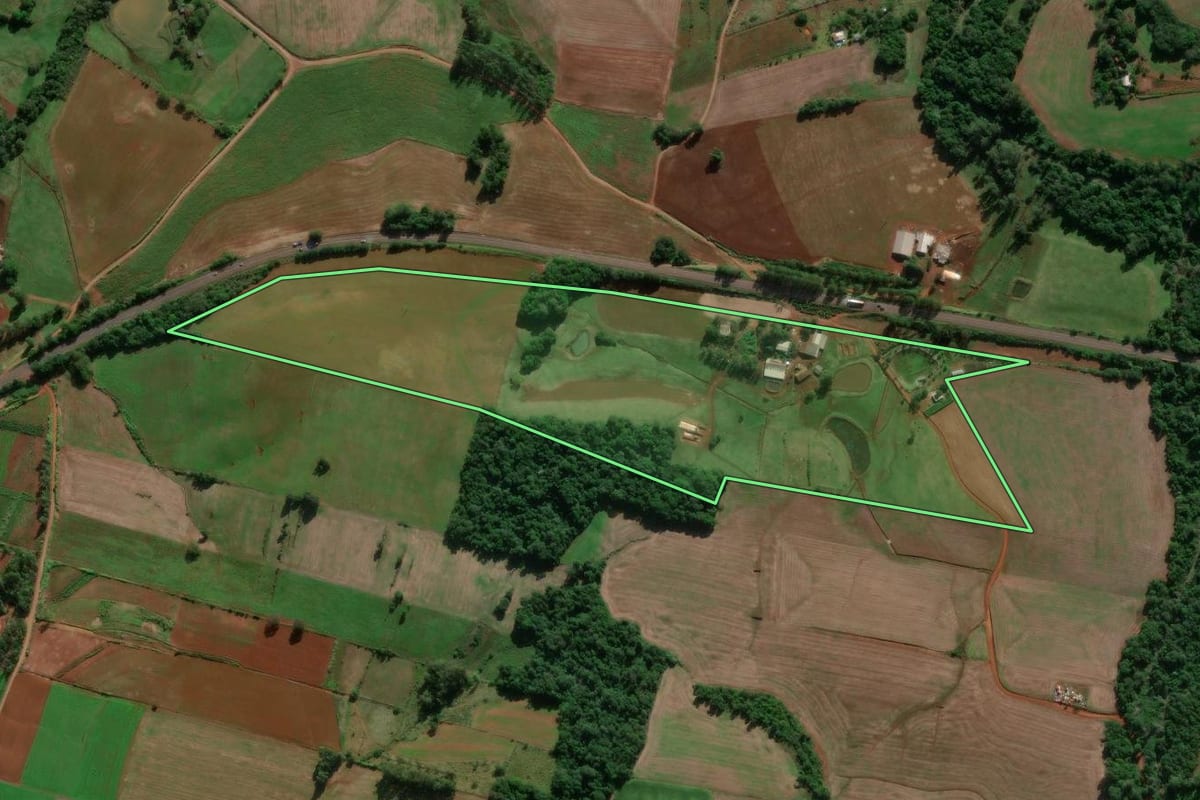 Imagem de satélite do imóvel rural em Entre-Ijuís (RS), com o contorno declarado no CAR desenhado por cima.