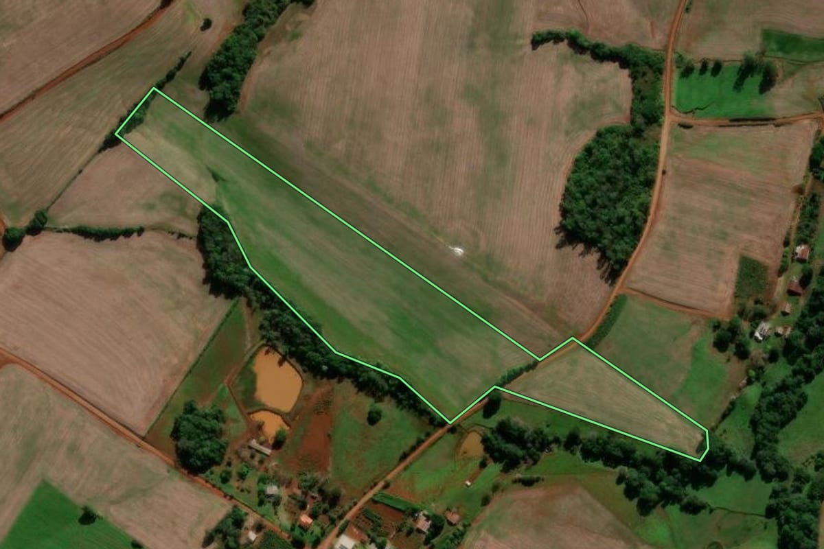 Imagem de satélite do imóvel rural em Entre-Ijuís (RS), com o contorno declarado no CAR desenhado por cima.