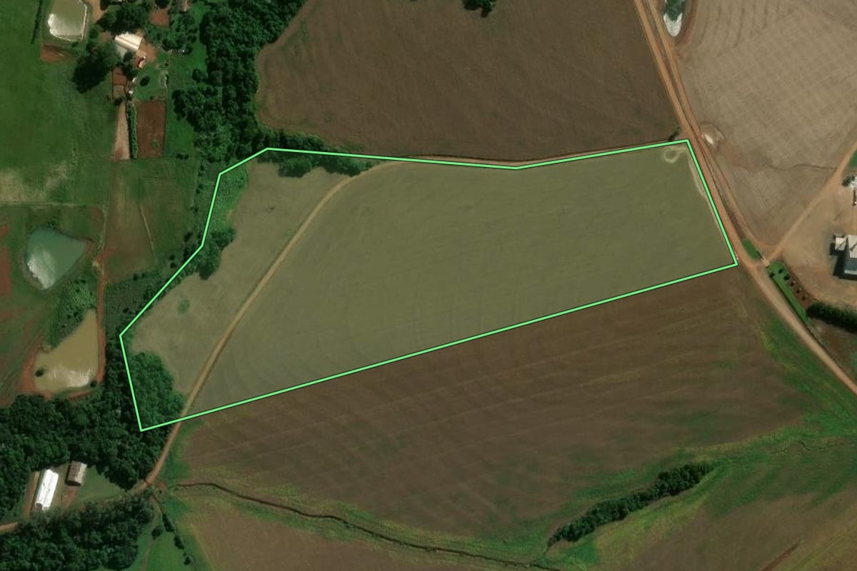 Imagem de satélite do imóvel rural em Entre-Ijuís (RS), com o contorno declarado no CAR desenhado por cima.