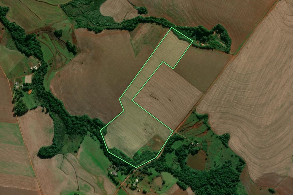 Imagem de satélite do imóvel rural em Entre-Ijuís (RS), com o contorno declarado no CAR desenhado por cima.