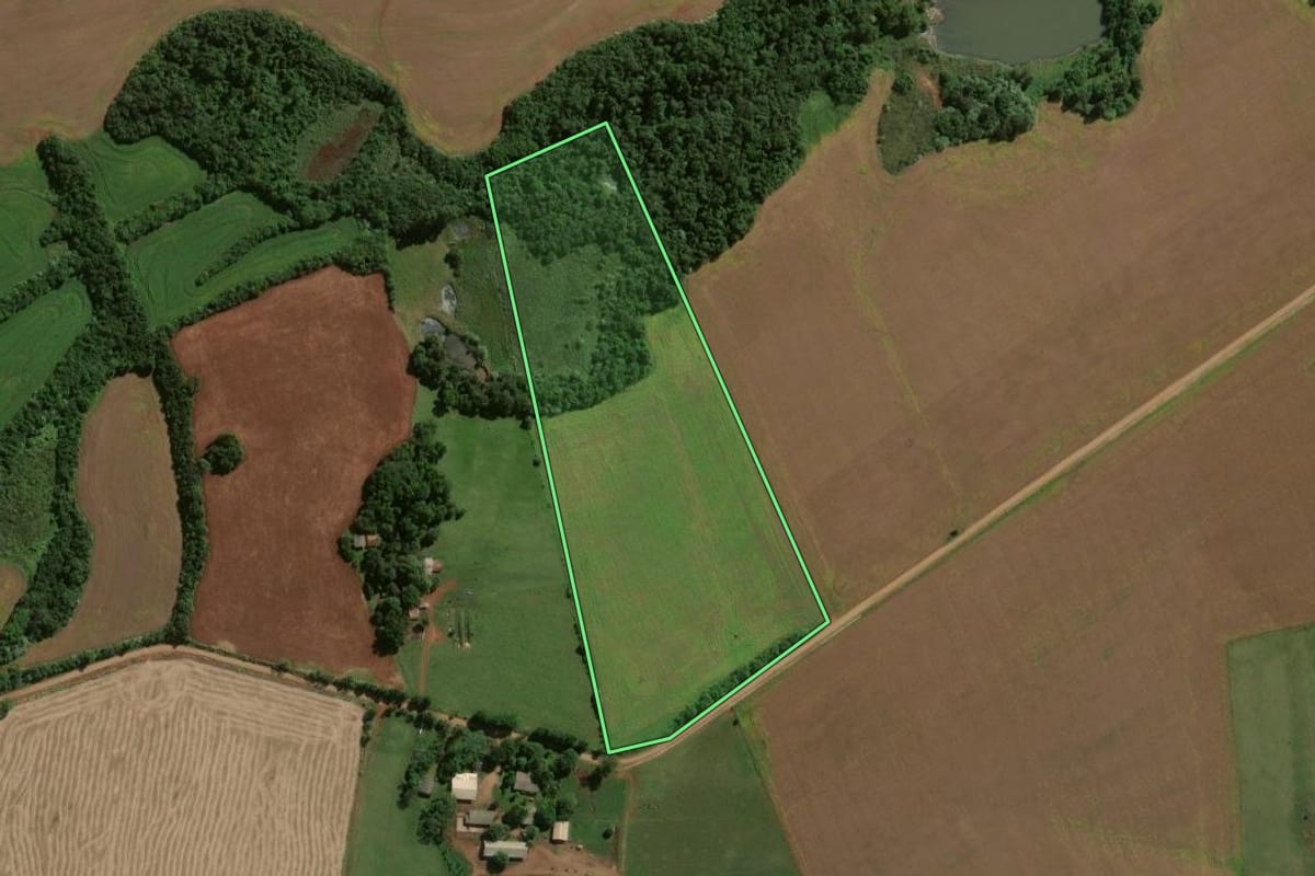 Imagem de satélite do imóvel rural em Entre-Ijuís (RS), com o contorno declarado no CAR desenhado por cima.
