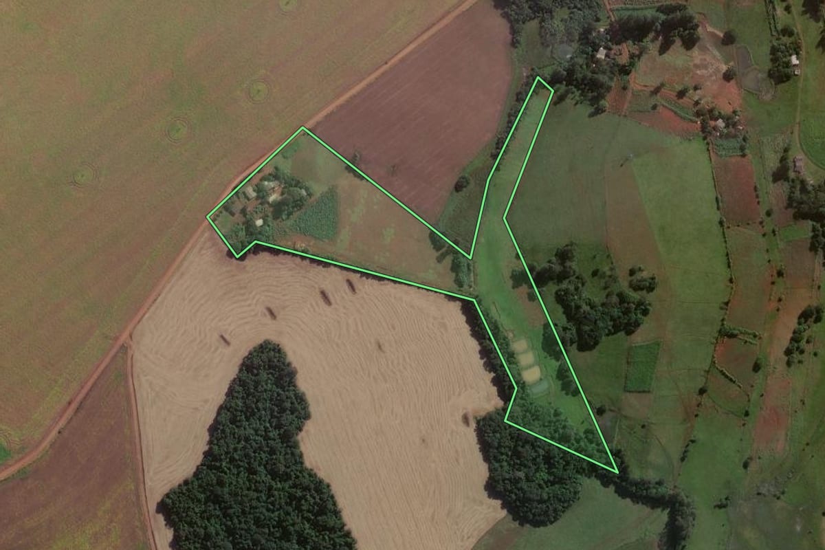 Imagem de satélite do imóvel rural em Entre-Ijuís (RS), com o contorno declarado no CAR desenhado por cima.