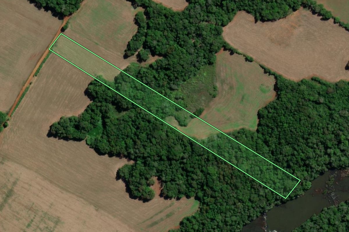 Imagem de satélite do imóvel rural em Entre-Ijuís (RS), com o contorno declarado no CAR desenhado por cima.