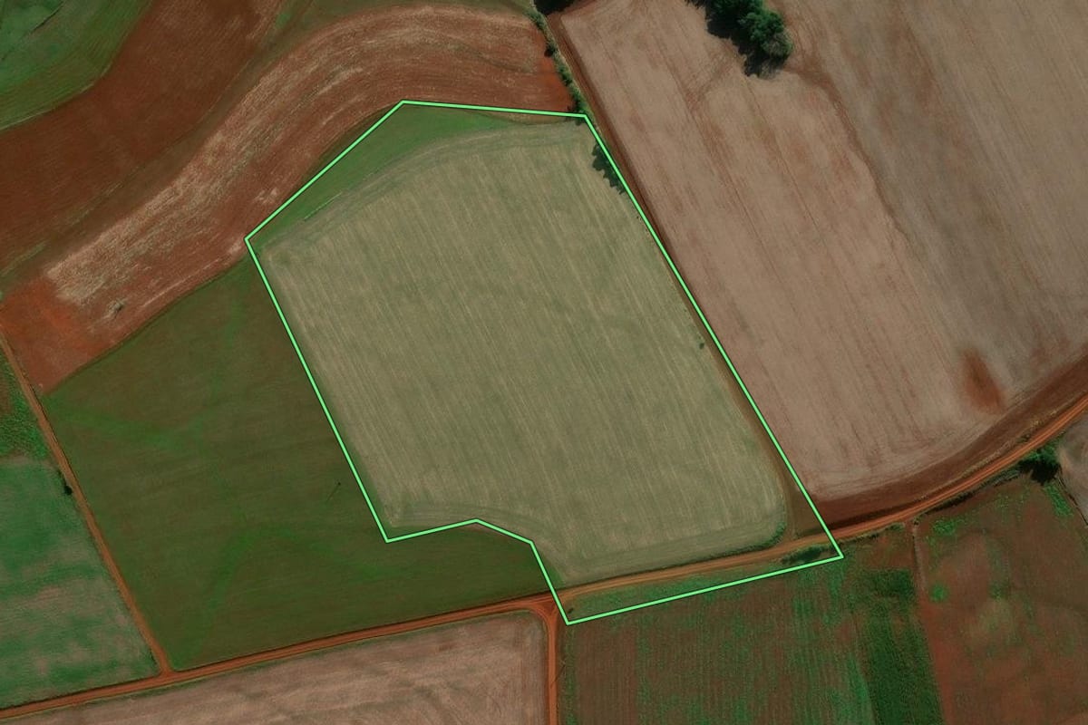 Imagem de satélite do imóvel rural em Entre-Ijuís (RS), com o contorno declarado no CAR desenhado por cima.