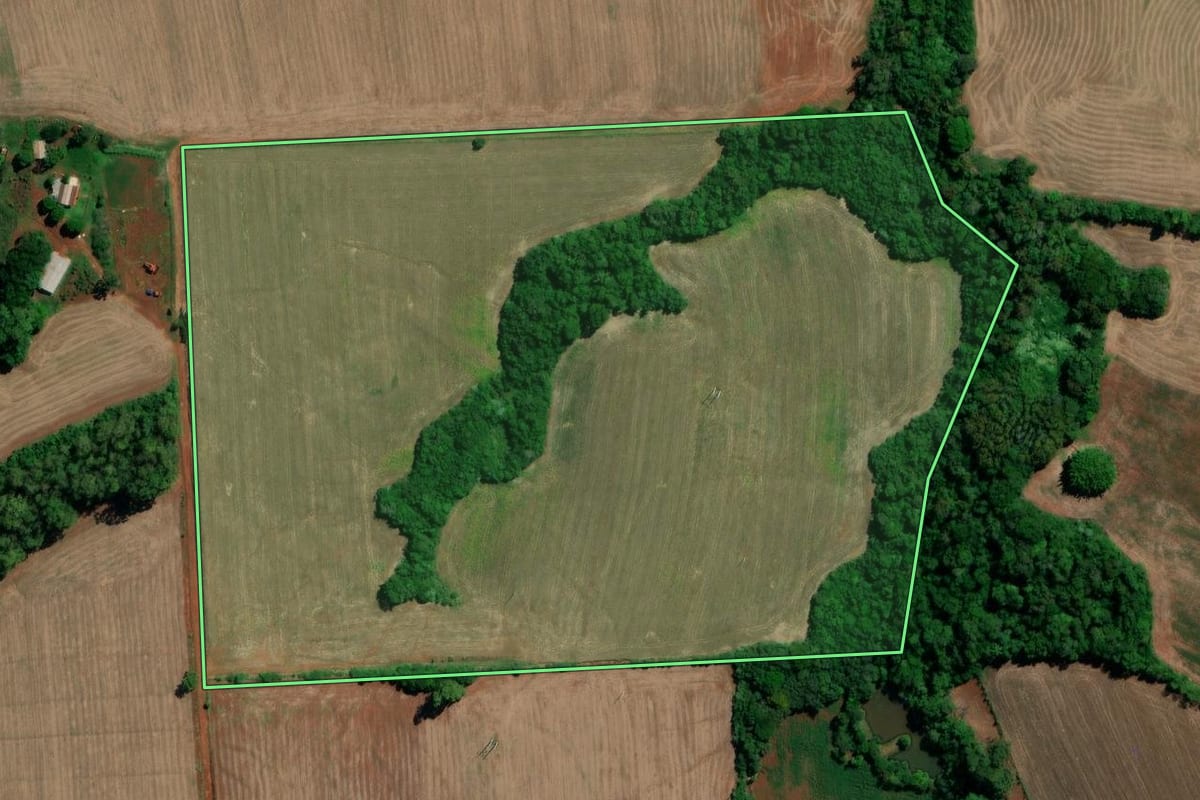 Imagem de satélite do imóvel rural em Entre-Ijuís (RS), com o contorno declarado no CAR desenhado por cima.