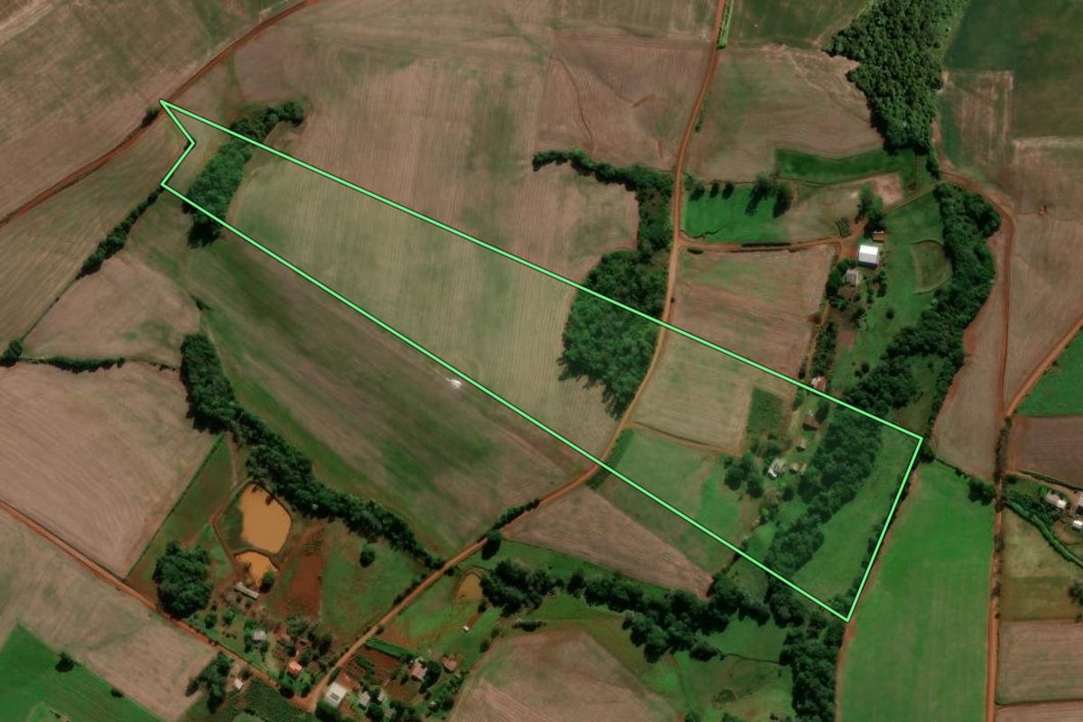 Imagem de satélite do imóvel rural em Entre-Ijuís (RS), com o contorno declarado no CAR desenhado por cima.