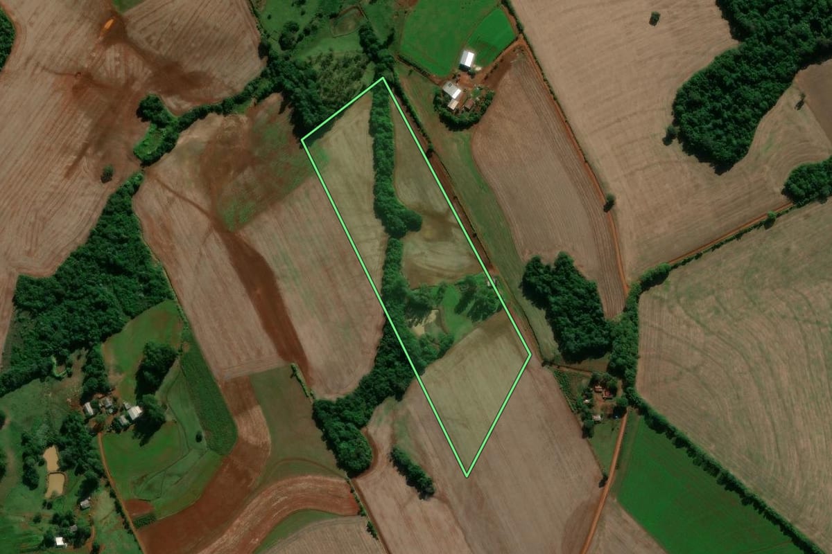 Imagem de satélite do imóvel rural em Entre-Ijuís (RS), com o contorno declarado no CAR desenhado por cima.