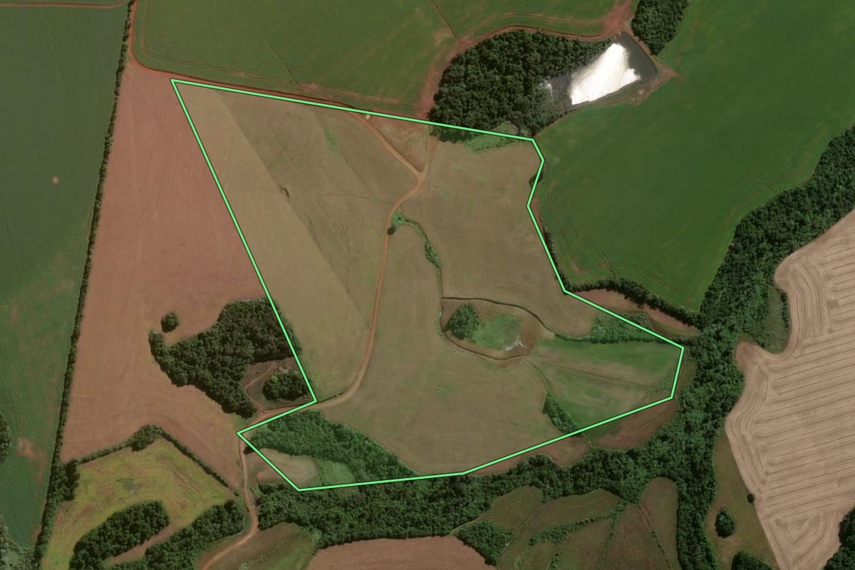 Imagem de satélite do imóvel rural em Entre-Ijuís (RS), com o contorno declarado no CAR desenhado por cima.