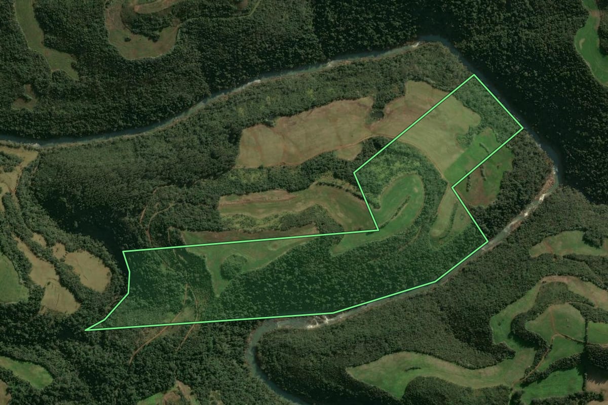 Imagem de satélite do imóvel rural em Entre Rios do Sul (RS), com o contorno declarado no CAR desenhado por cima.