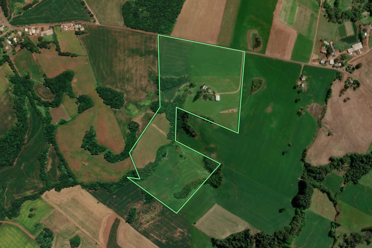 Imagem de satélite do imóvel rural em Entre Rios do Sul (RS), com o contorno declarado no CAR desenhado por cima.