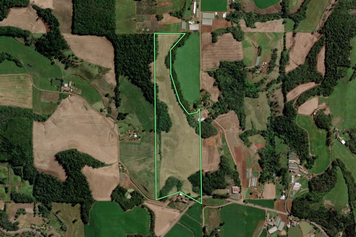 Imagem de satélite do imóvel rural em Erechim (RS), com o contorno declarado no CAR desenhado por cima.