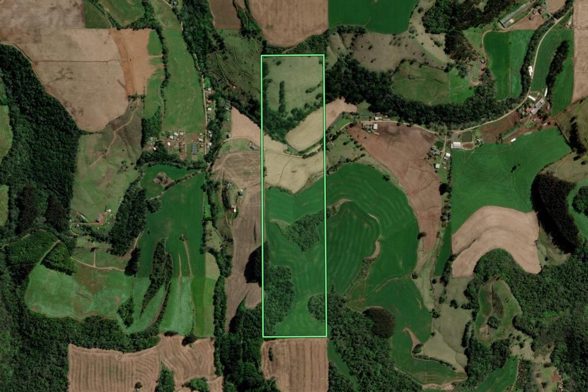 Imagem de satélite do imóvel rural em Erechim (RS), com o contorno declarado no CAR desenhado por cima.