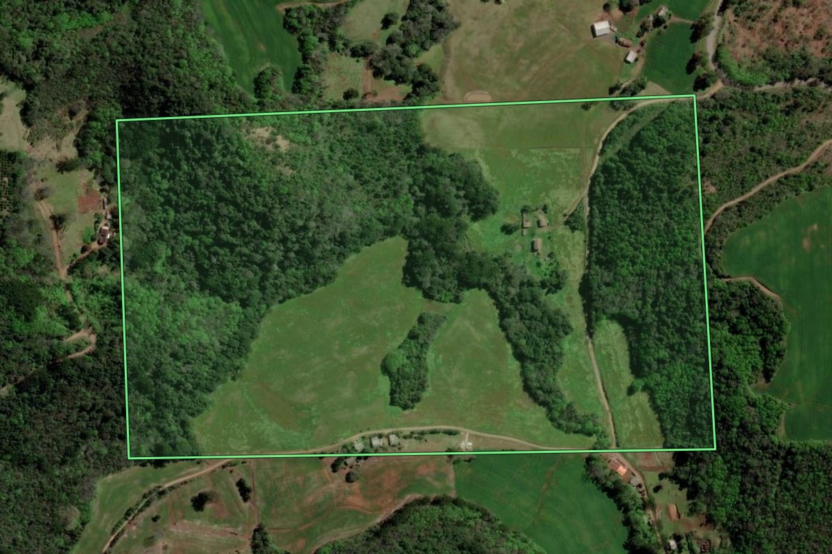 Imagem de satélite do imóvel rural em Erechim (RS), com o contorno declarado no CAR desenhado por cima.
