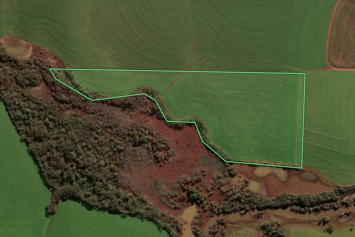Imagem de satélite do imóvel rural em Ernestina (RS), com o contorno declarado no CAR desenhado por cima.