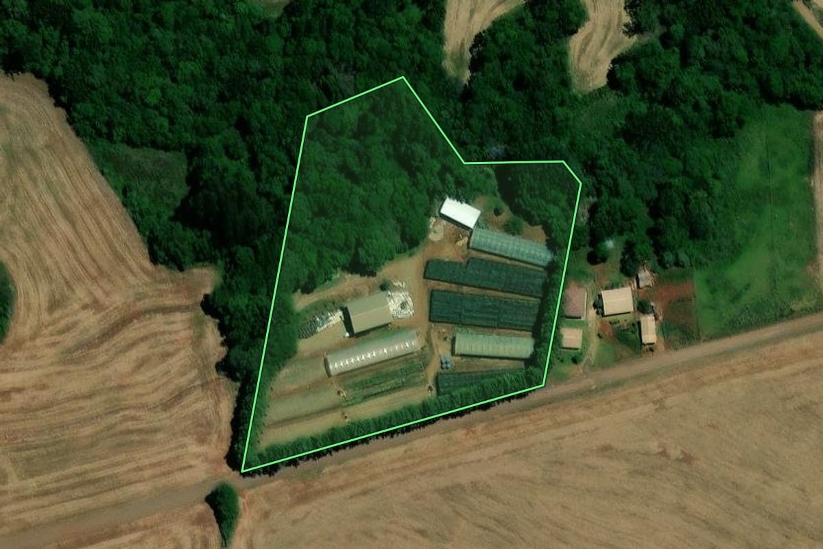 Imagem de satélite do imóvel rural em Ernestina (RS), com o contorno declarado no CAR desenhado por cima.