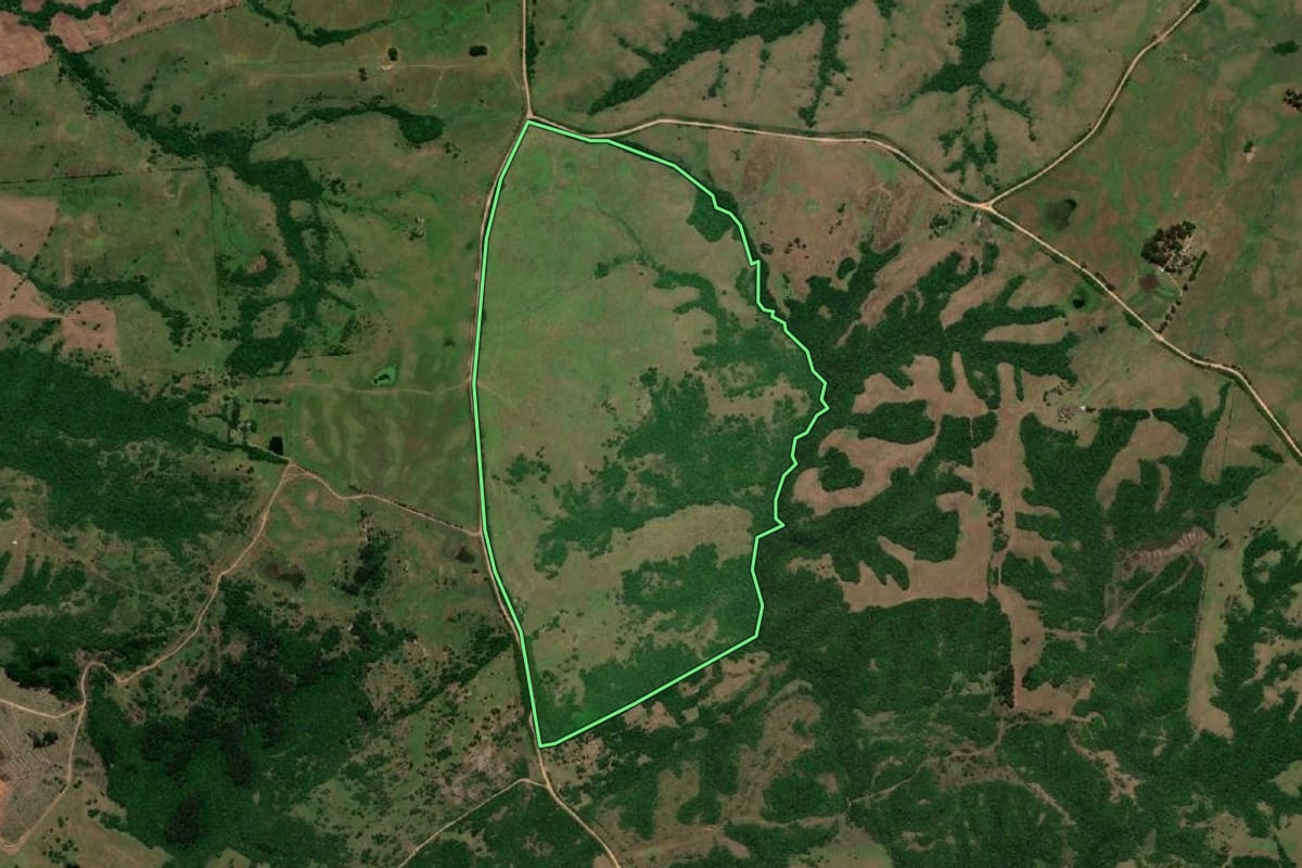 Imagem de satélite do imóvel rural em Herval (RS), com o contorno declarado no CAR desenhado por cima.