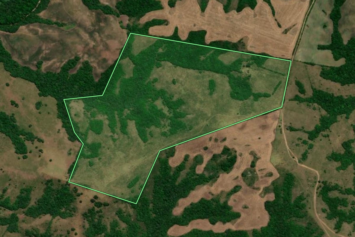 Imagem de satélite do imóvel rural em Herval (RS), com o contorno declarado no CAR desenhado por cima.