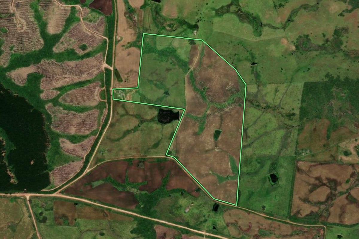 Imagem de satélite do imóvel rural em Herval (RS), com o contorno declarado no CAR desenhado por cima.