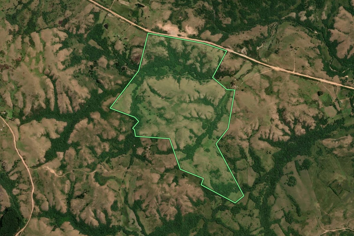Imagem de satélite do imóvel rural em Herval (RS), com o contorno declarado no CAR desenhado por cima.