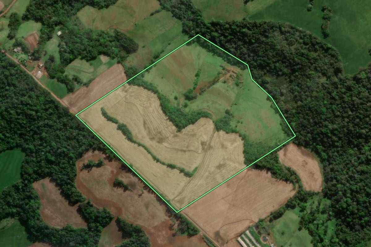 Imagem de satélite do imóvel rural em Erval Seco (RS), com o contorno declarado no CAR desenhado por cima.