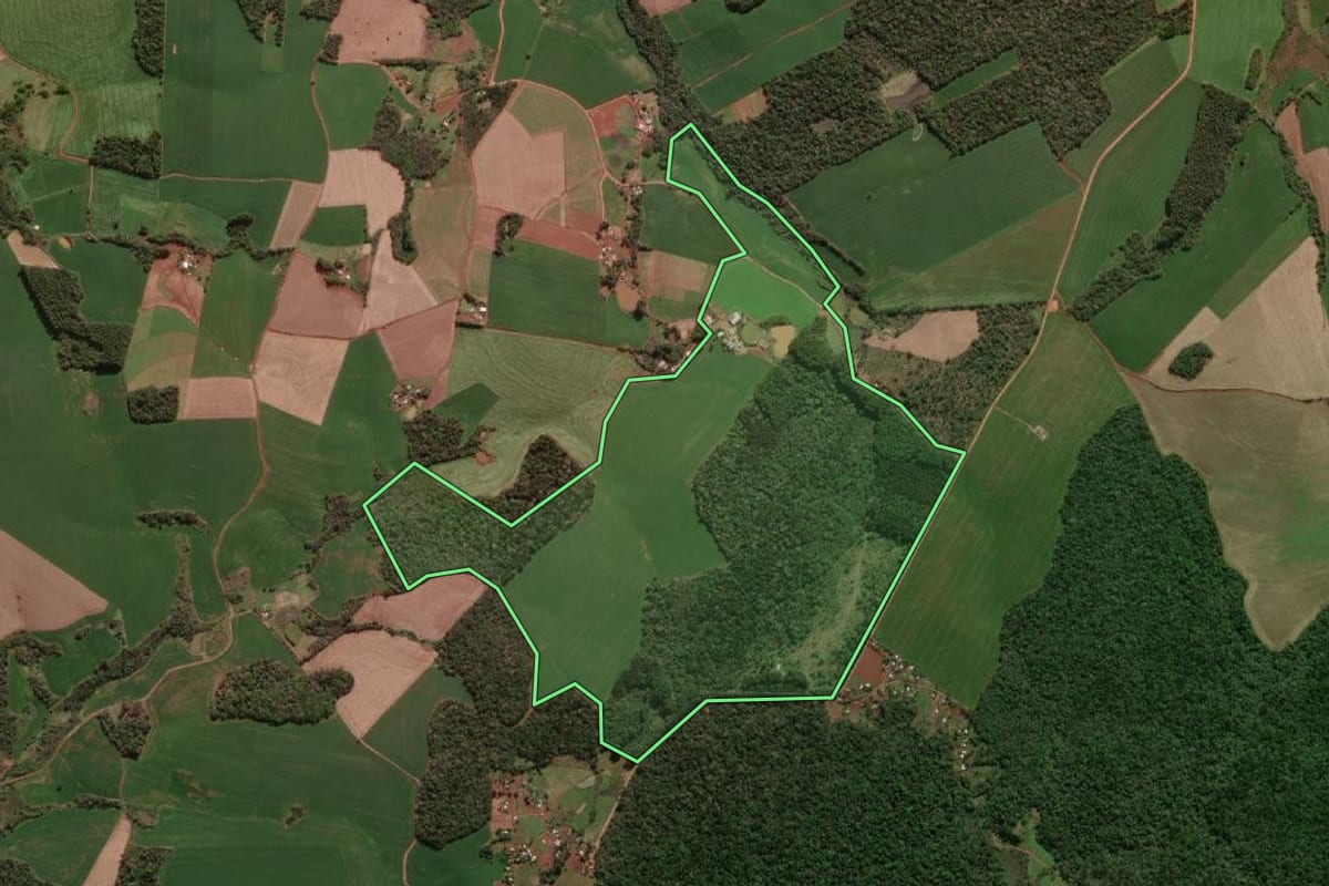 Imagem de satélite do imóvel rural em Erval Seco (RS), com o contorno declarado no CAR desenhado por cima.