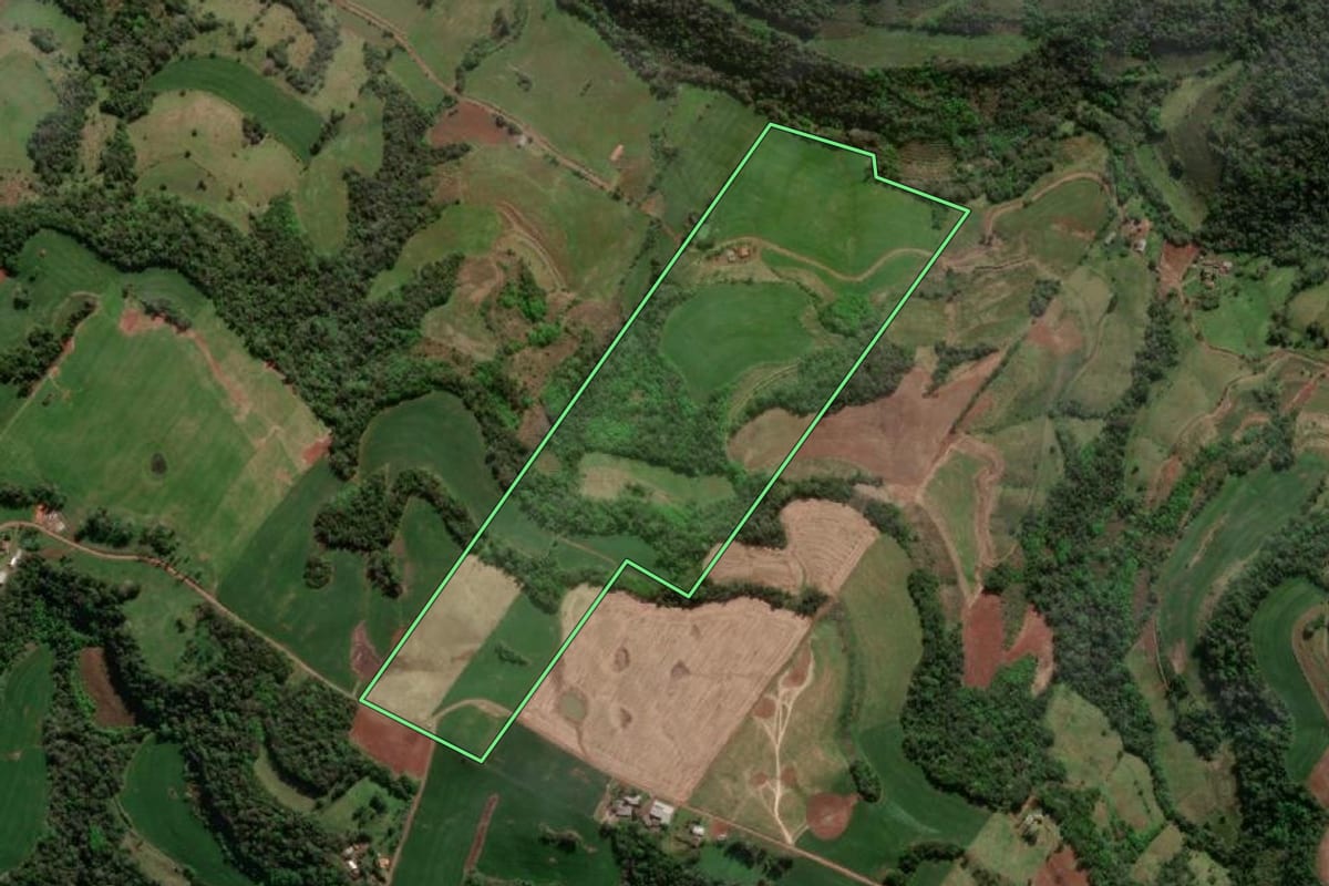 Imagem de satélite do imóvel rural em Erval Seco (RS), com o contorno declarado no CAR desenhado por cima.