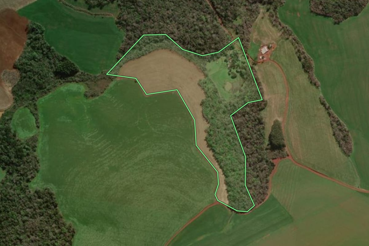Imagem de satélite do imóvel rural em Erval Seco (RS), com o contorno declarado no CAR desenhado por cima.