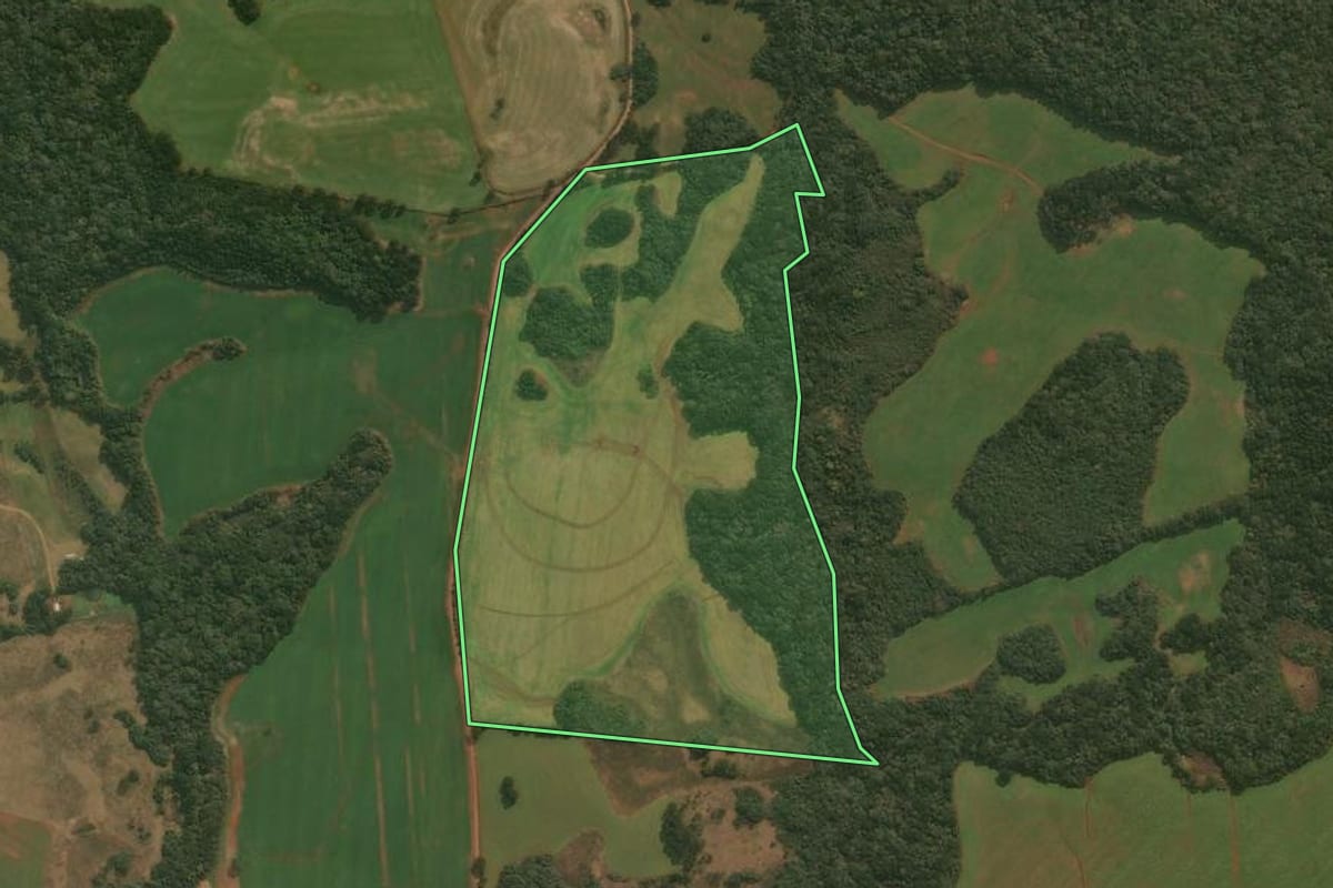 Imagem de satélite do imóvel rural em Esmeralda (RS), com o contorno declarado no CAR desenhado por cima.