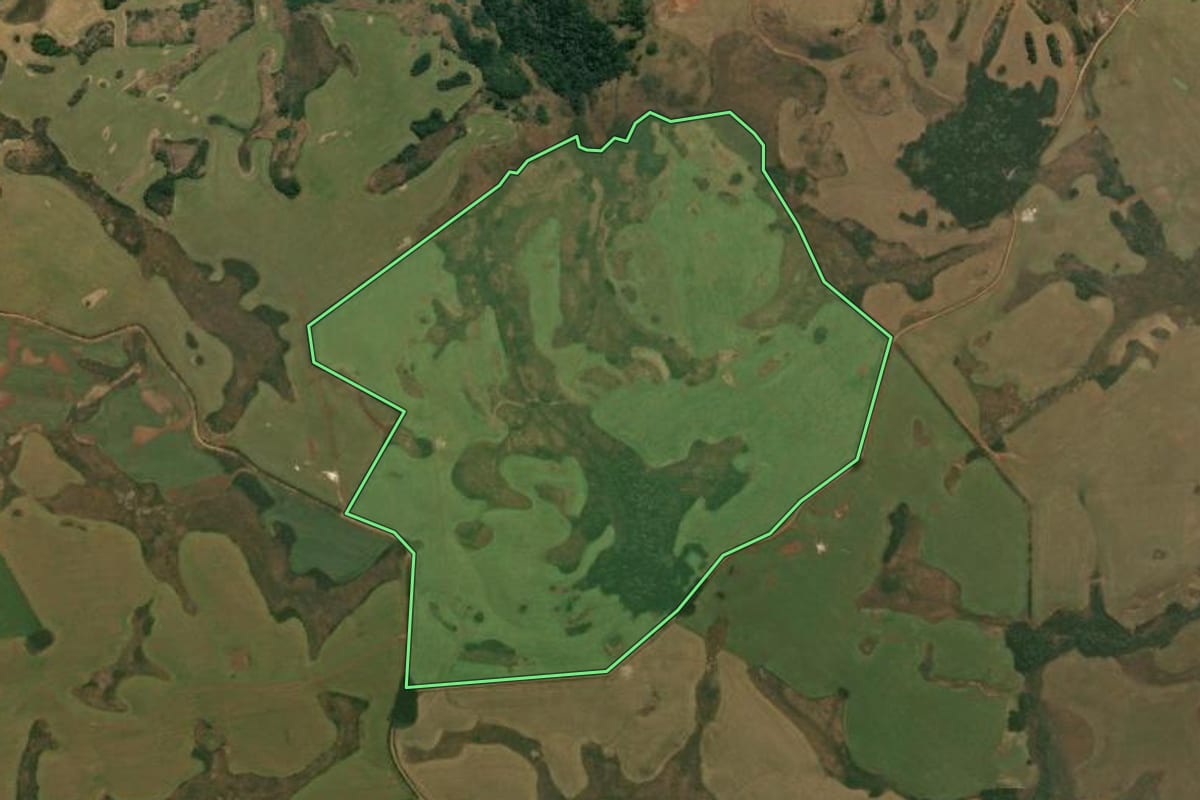 Imagem de satélite do imóvel rural em Esmeralda (RS), com o contorno declarado no CAR desenhado por cima.