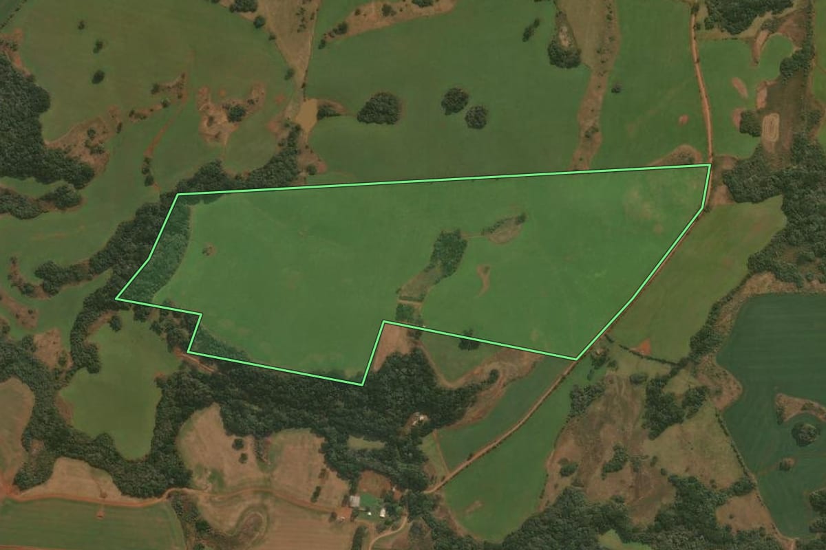 Imagem de satélite do imóvel rural em Esmeralda (RS), com o contorno declarado no CAR desenhado por cima.