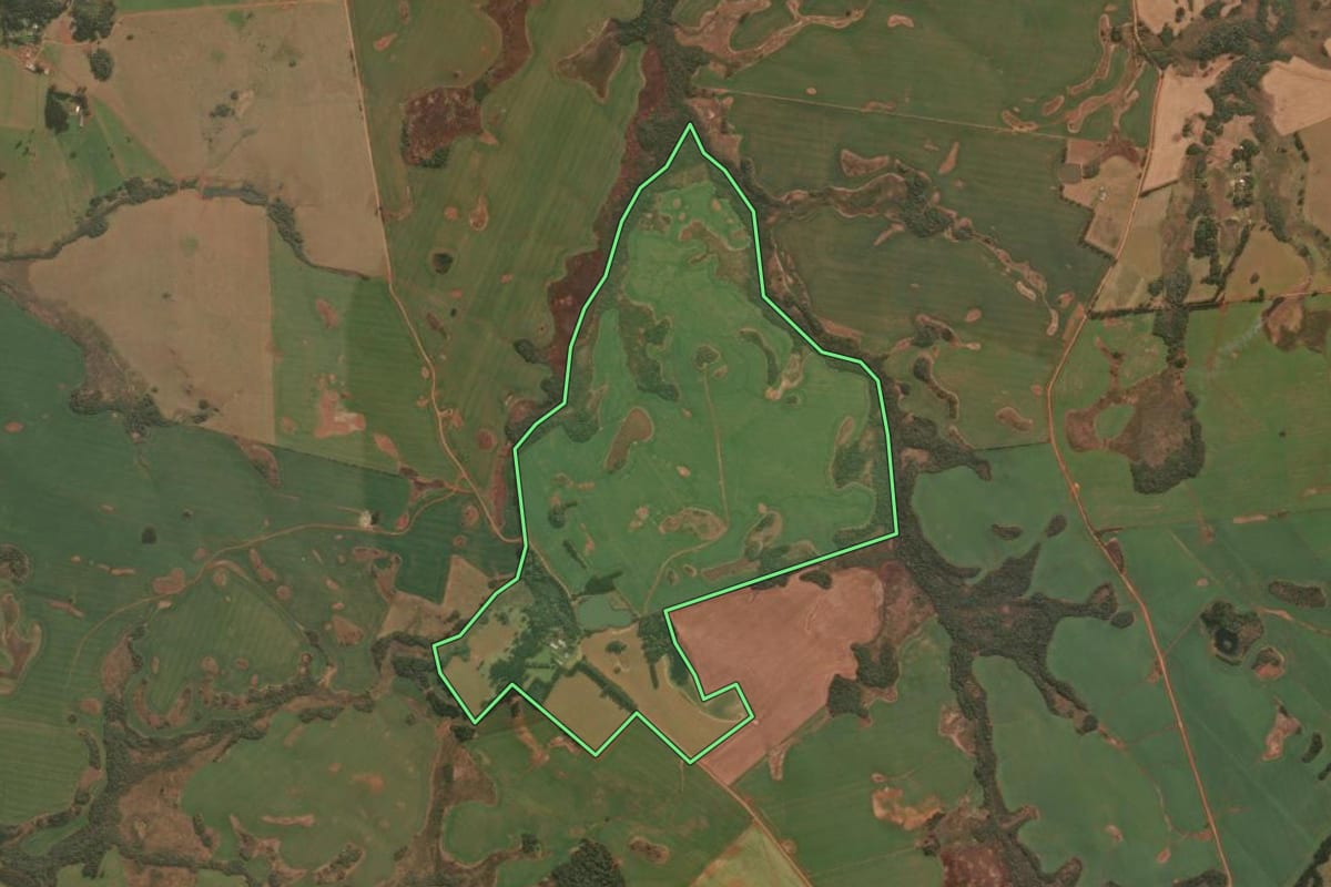 Imagem de satélite do imóvel rural em Esmeralda (RS), com o contorno declarado no CAR desenhado por cima.