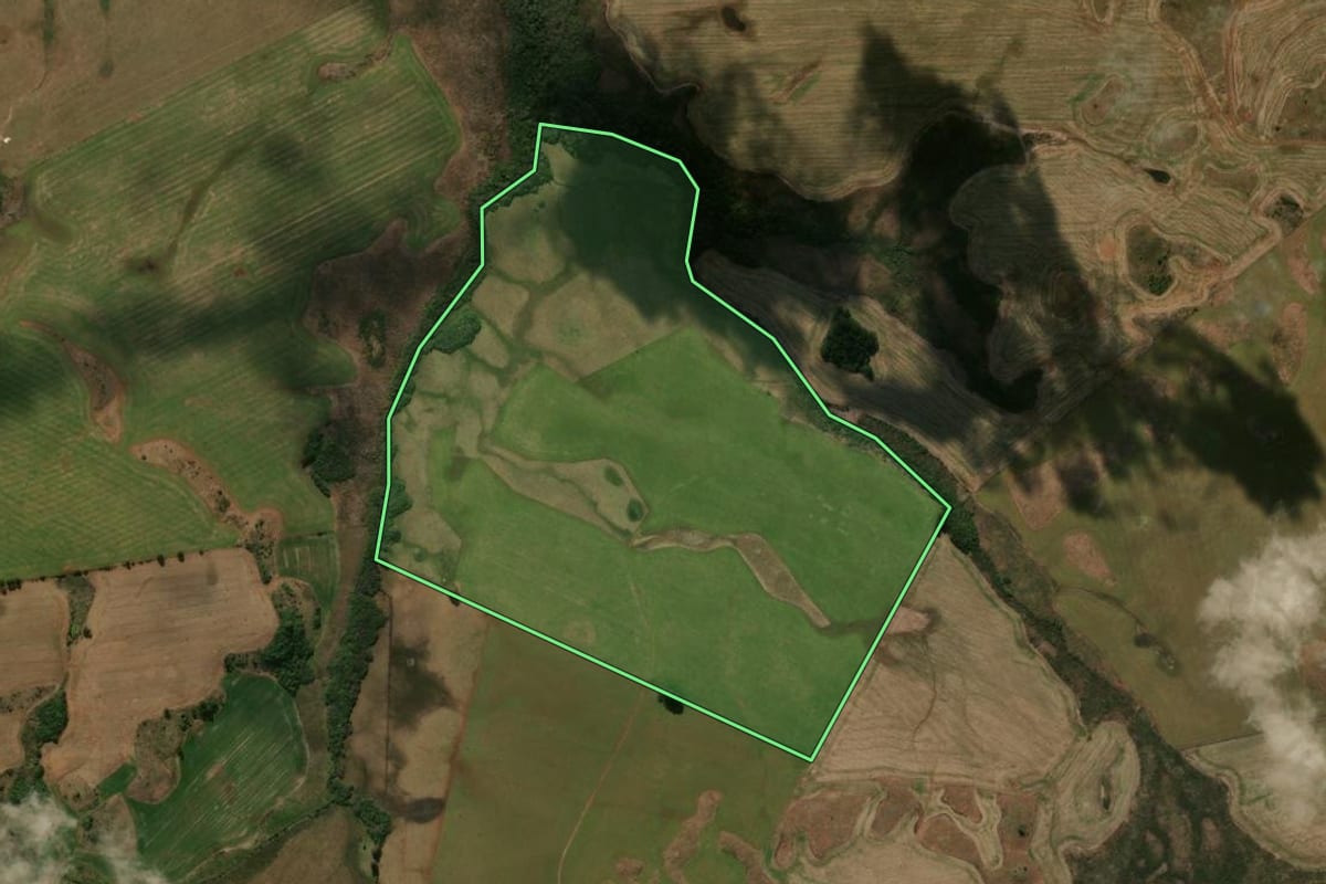 Imagem de satélite do imóvel rural em Esmeralda (RS), com o contorno declarado no CAR desenhado por cima.