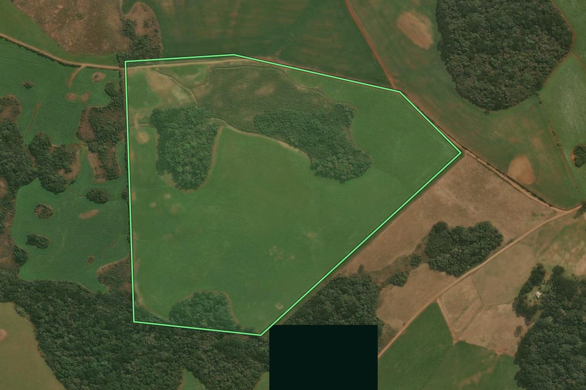 Imagem de satélite do imóvel rural em Esmeralda (RS), com o contorno declarado no CAR desenhado por cima.