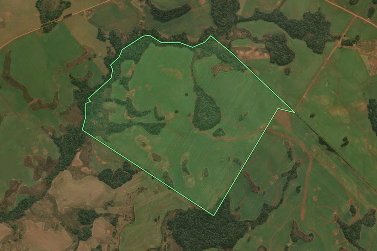 Imagem de satélite do imóvel rural em Esmeralda (RS), com o contorno declarado no CAR desenhado por cima.