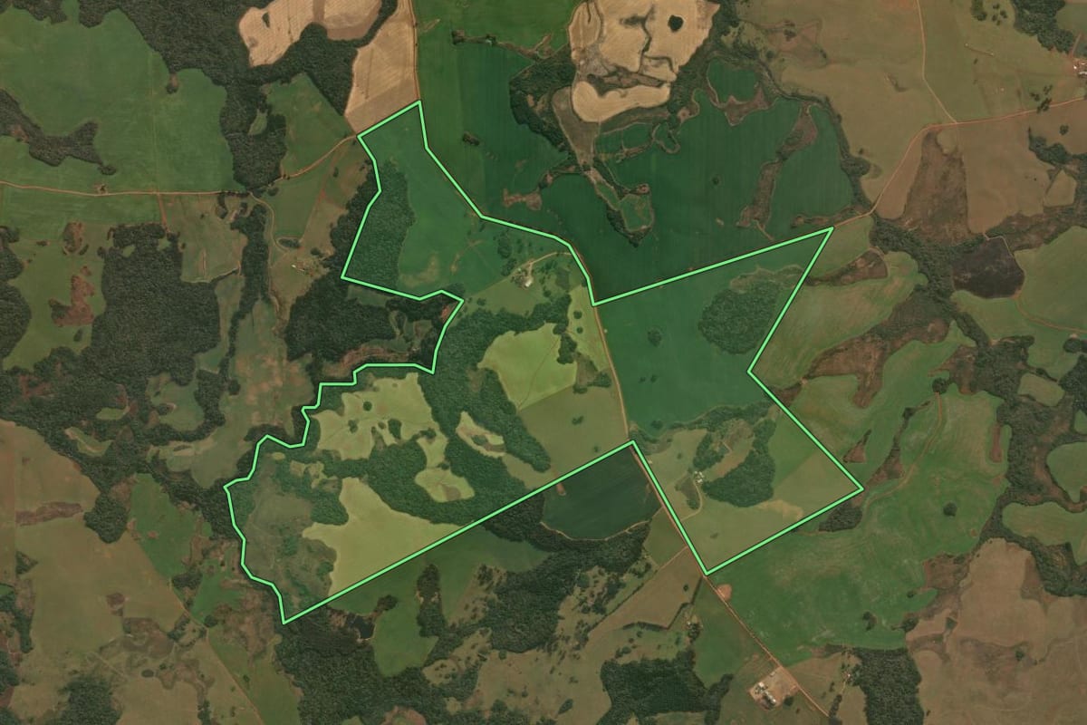 Imagem de satélite do imóvel rural em Esmeralda (RS), com o contorno declarado no CAR desenhado por cima.