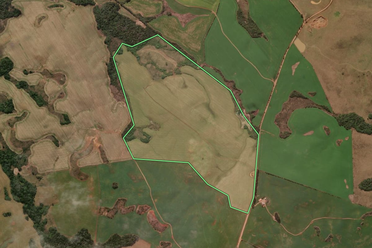 Imagem de satélite do imóvel rural em Esmeralda (RS), com o contorno declarado no CAR desenhado por cima.