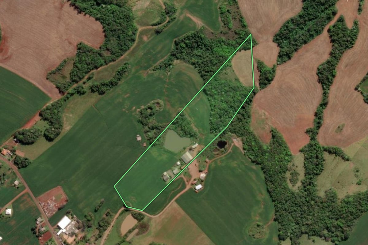 Imagem de satélite do imóvel rural em Esperança do Sul (RS), com o contorno declarado no CAR desenhado por cima.