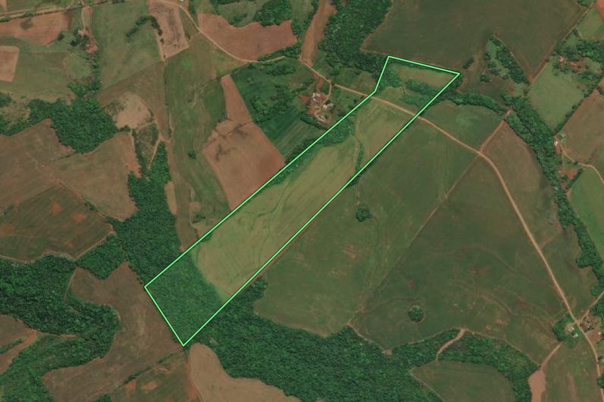 Imagem de satélite do imóvel rural em Esperança do Sul (RS), com o contorno declarado no CAR desenhado por cima.