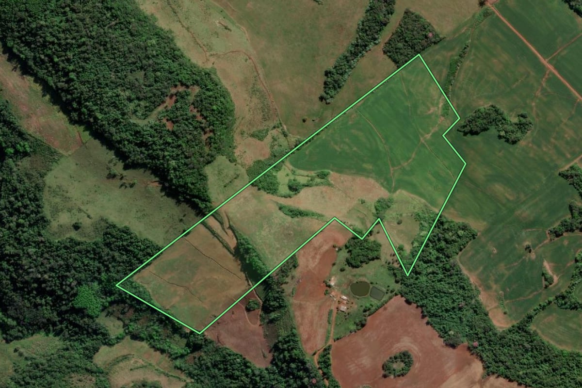 Imagem de satélite do imóvel rural em Esperança do Sul (RS), com o contorno declarado no CAR desenhado por cima.