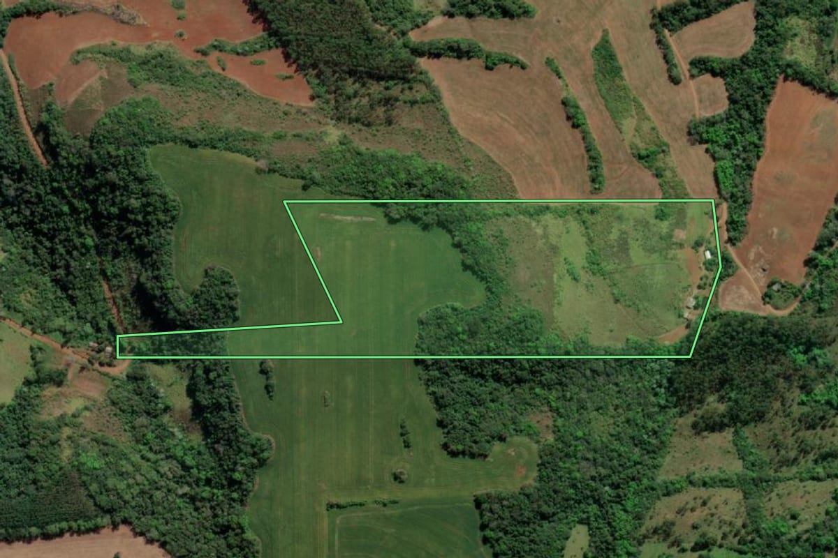 Imagem de satélite do imóvel rural em Esperança do Sul (RS), com o contorno declarado no CAR desenhado por cima.