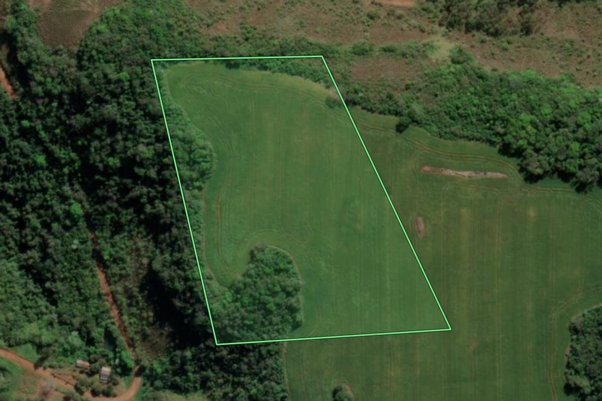 Imagem de satélite do imóvel rural em Esperança do Sul (RS), com o contorno declarado no CAR desenhado por cima.