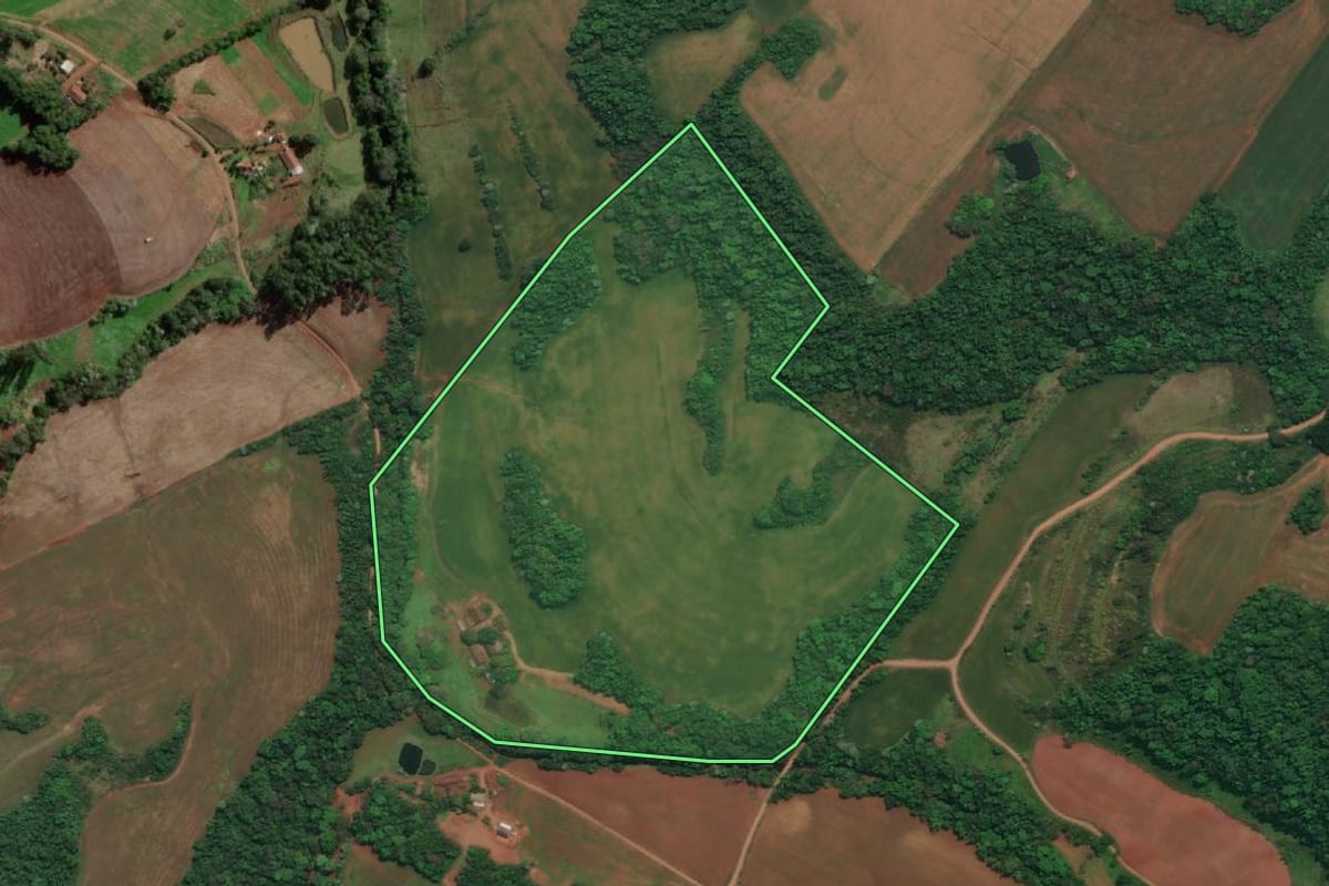 Imagem de satélite do imóvel rural em Esperança do Sul (RS), com o contorno declarado no CAR desenhado por cima.