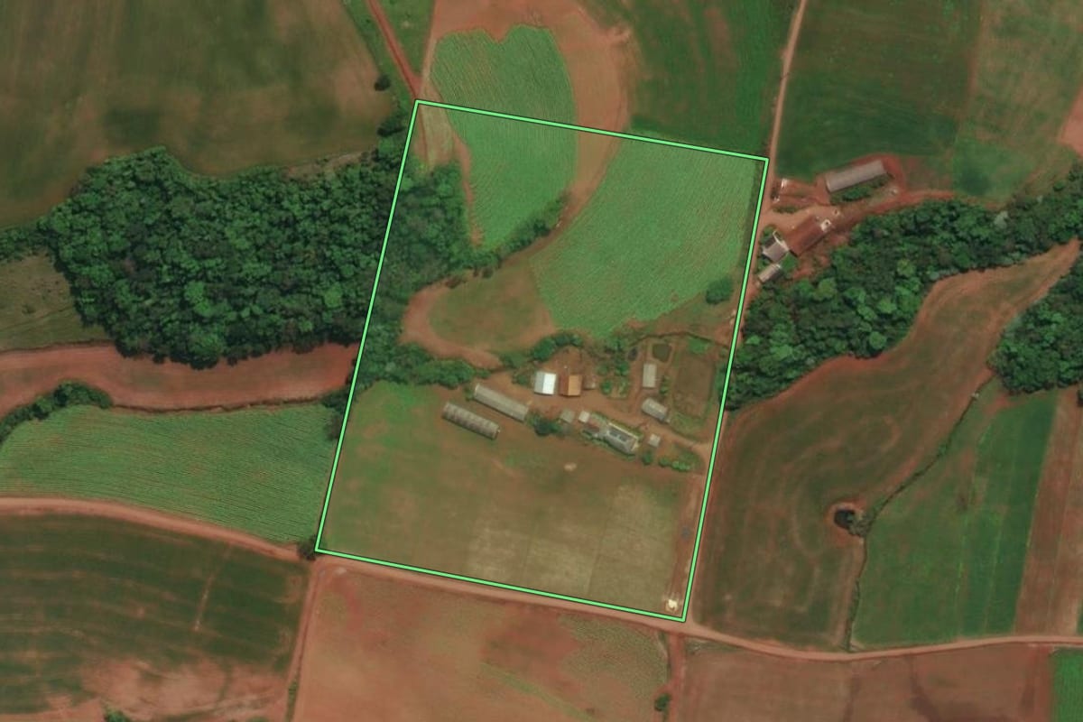 Imagem de satélite do imóvel rural em Esperança do Sul (RS), com o contorno declarado no CAR desenhado por cima.