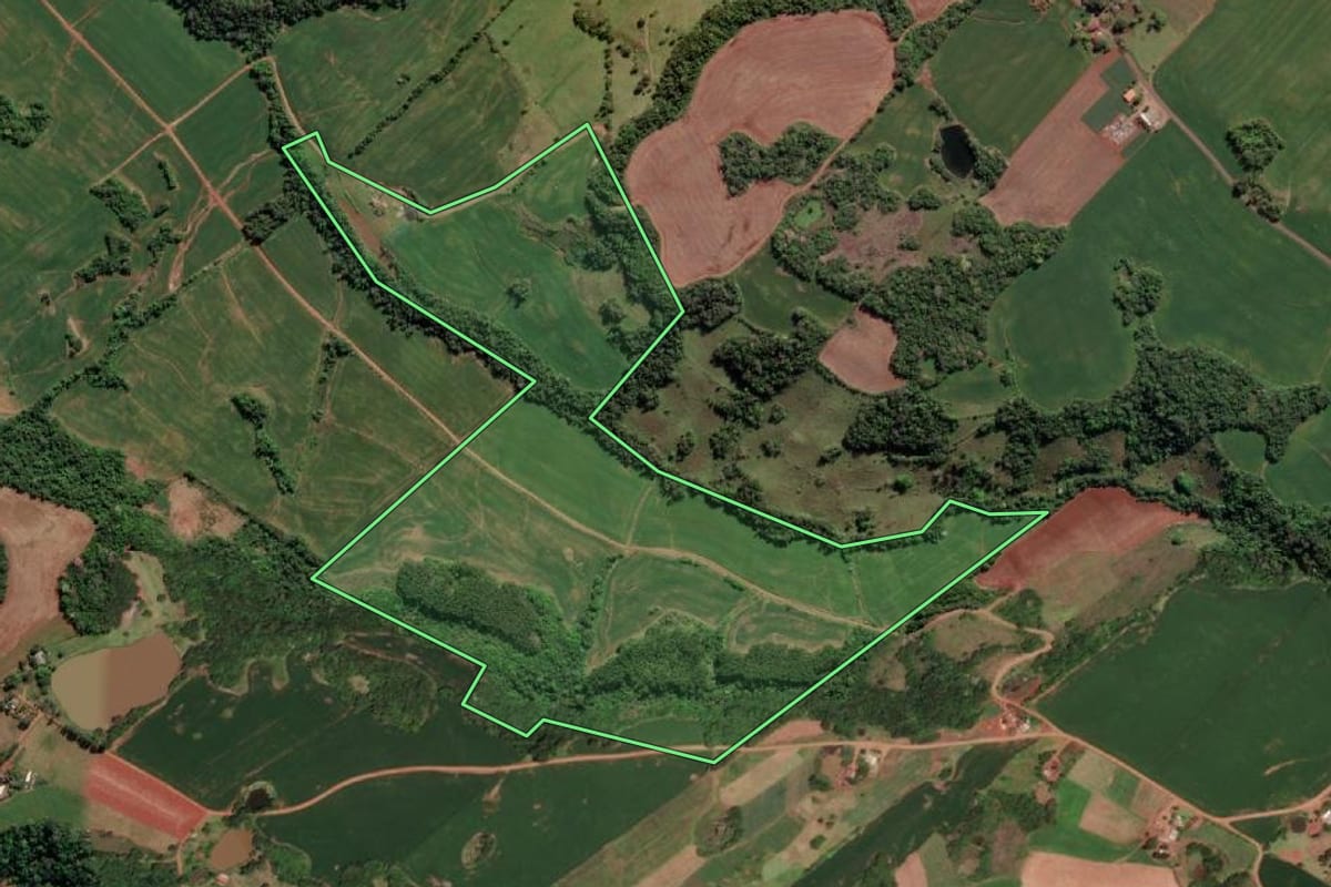 Imagem de satélite do imóvel rural em Esperança do Sul (RS), com o contorno declarado no CAR desenhado por cima.