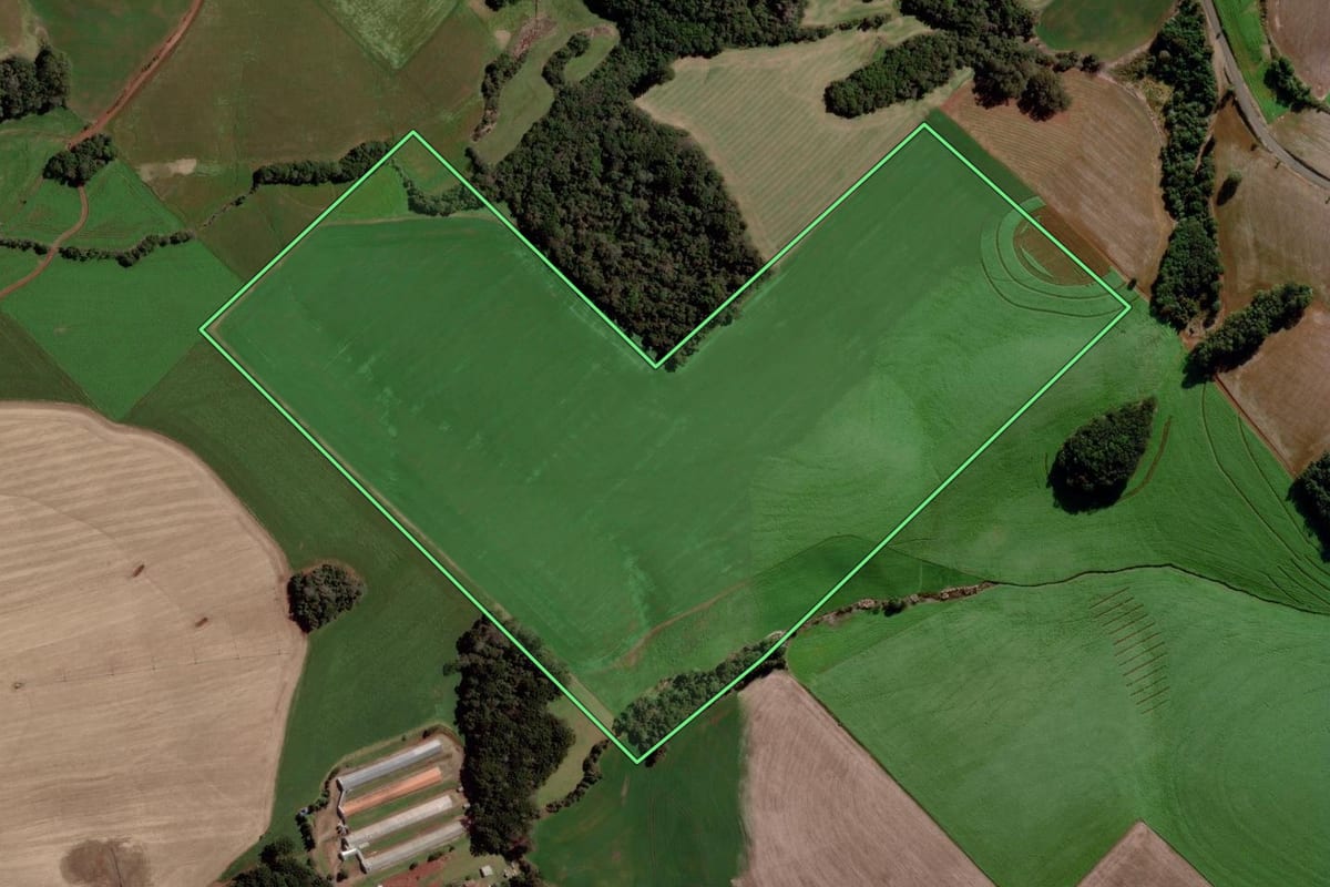 Imagem de satélite do imóvel rural em Estação (RS), com o contorno declarado no CAR desenhado por cima.